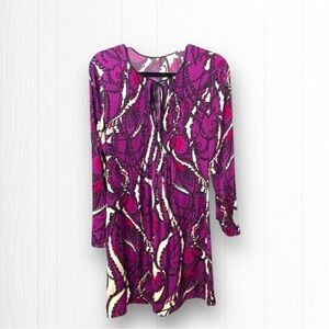 Elie Tahari Purple Silk Paisley Long Sleeve Midi Dress, Size Small